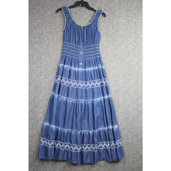 Lapis Dress Womens Large Blue Smocked 100% Cotton Embroidered Maxi Cowgirl Rodeo - Picture 1 of 4